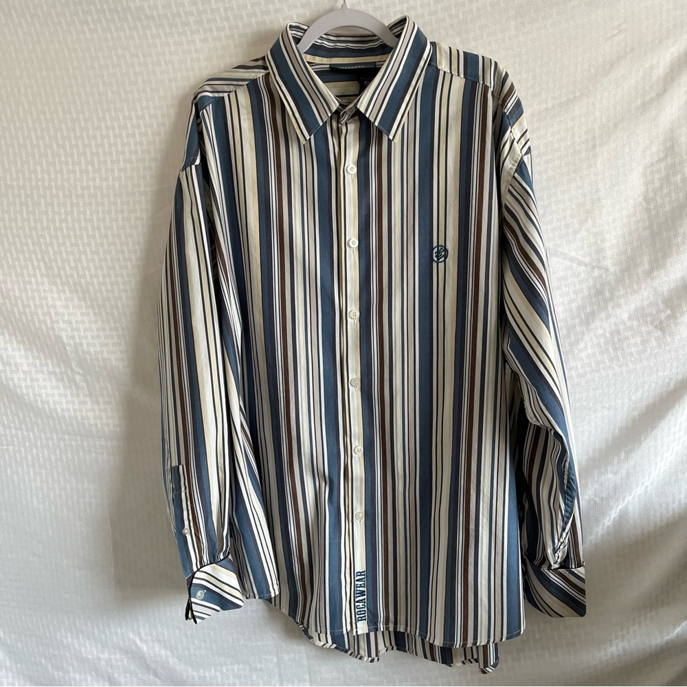 Rocawear Button Up Long Sleeve Blue Gray Striped Logo Dress Shirt Size 2XL